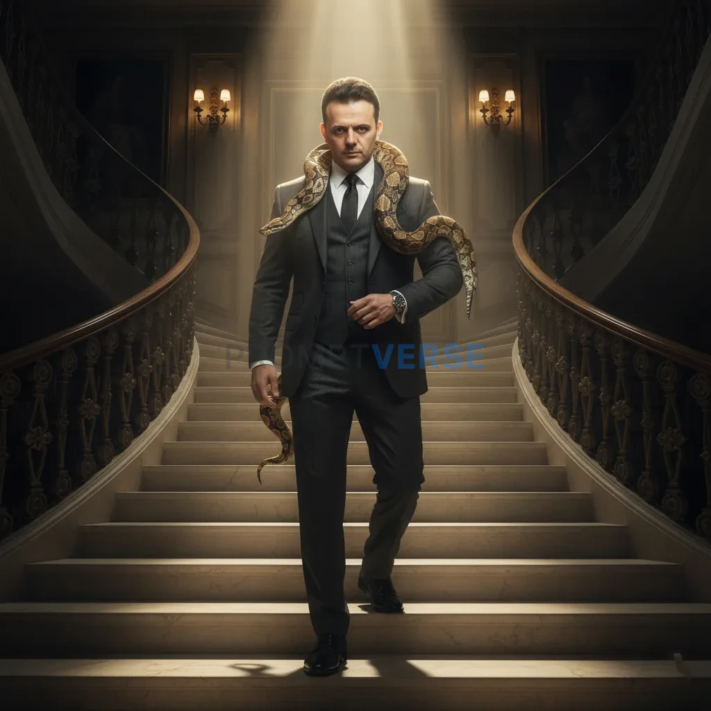 Cinematic portrait of a mafia boss walking down marble stairs of a villa, python draped over his shoulders, spotlight glow cre - PromptVerse