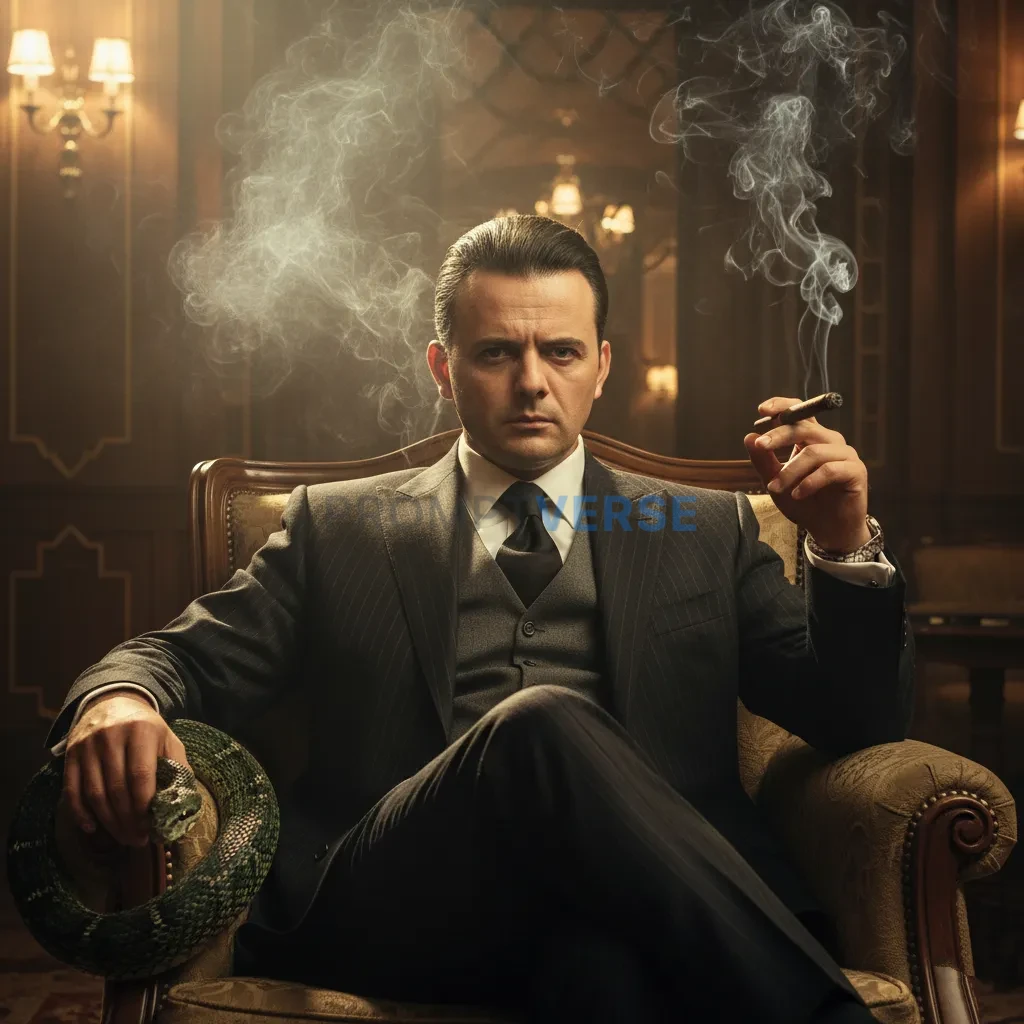 Editorial cinematic portrait, mafia boss seated in an art deco lounge, snake curled around the armrest of his chair, cigar smo - PromptVerse