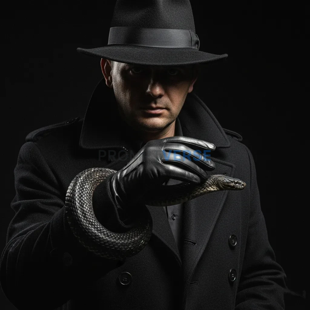 Close-up portrait, mafia boss in a cashmere coat, gently stroking a snake coiled around his gloved hand, cinematic noir lighti - PromptVerse