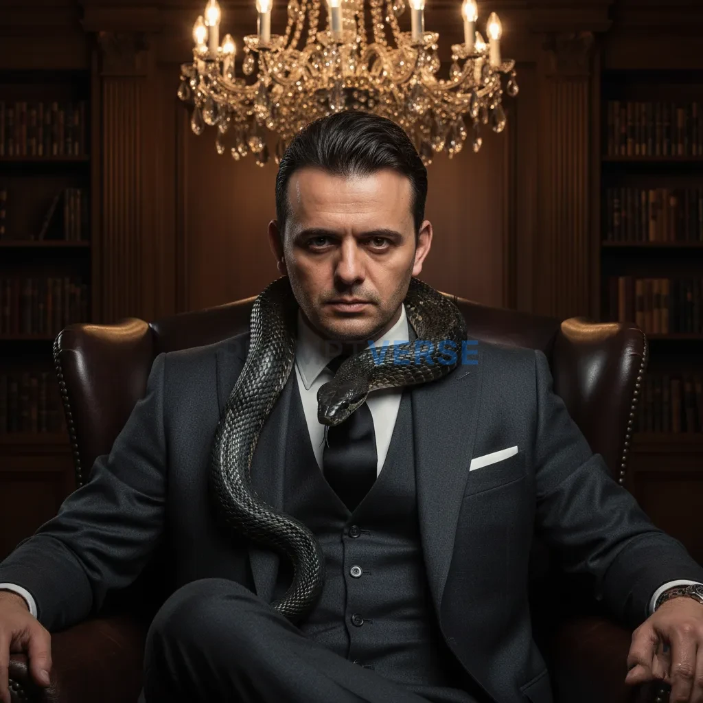 Editorial portrait of a mafia boss in a dark three-piece suit, snake resting around his neck like a tie, dim chandelier light  - PromptVerse