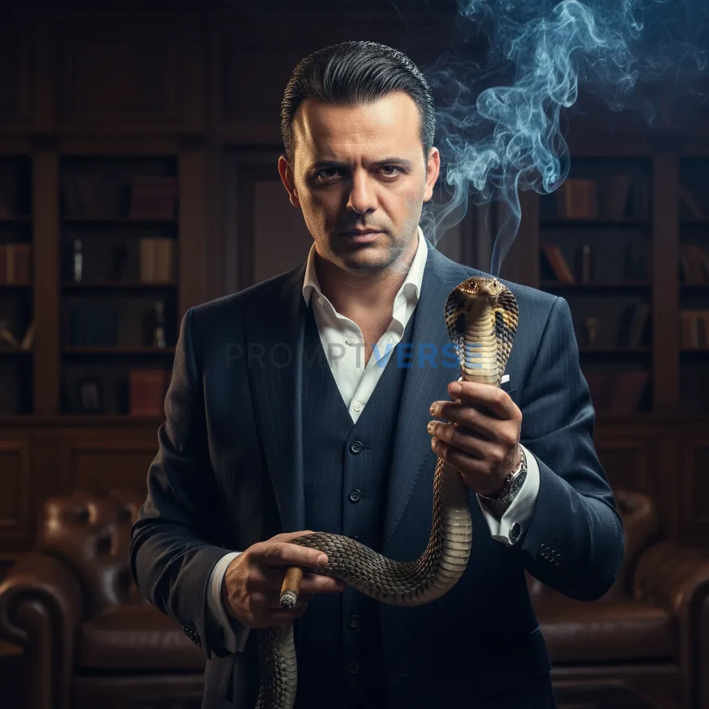 Ultra-detailed editorial portrait, mafia boss with slicked-back hair holding a cobra calmly in one hand, smoke from a cigar sw - PromptVerse