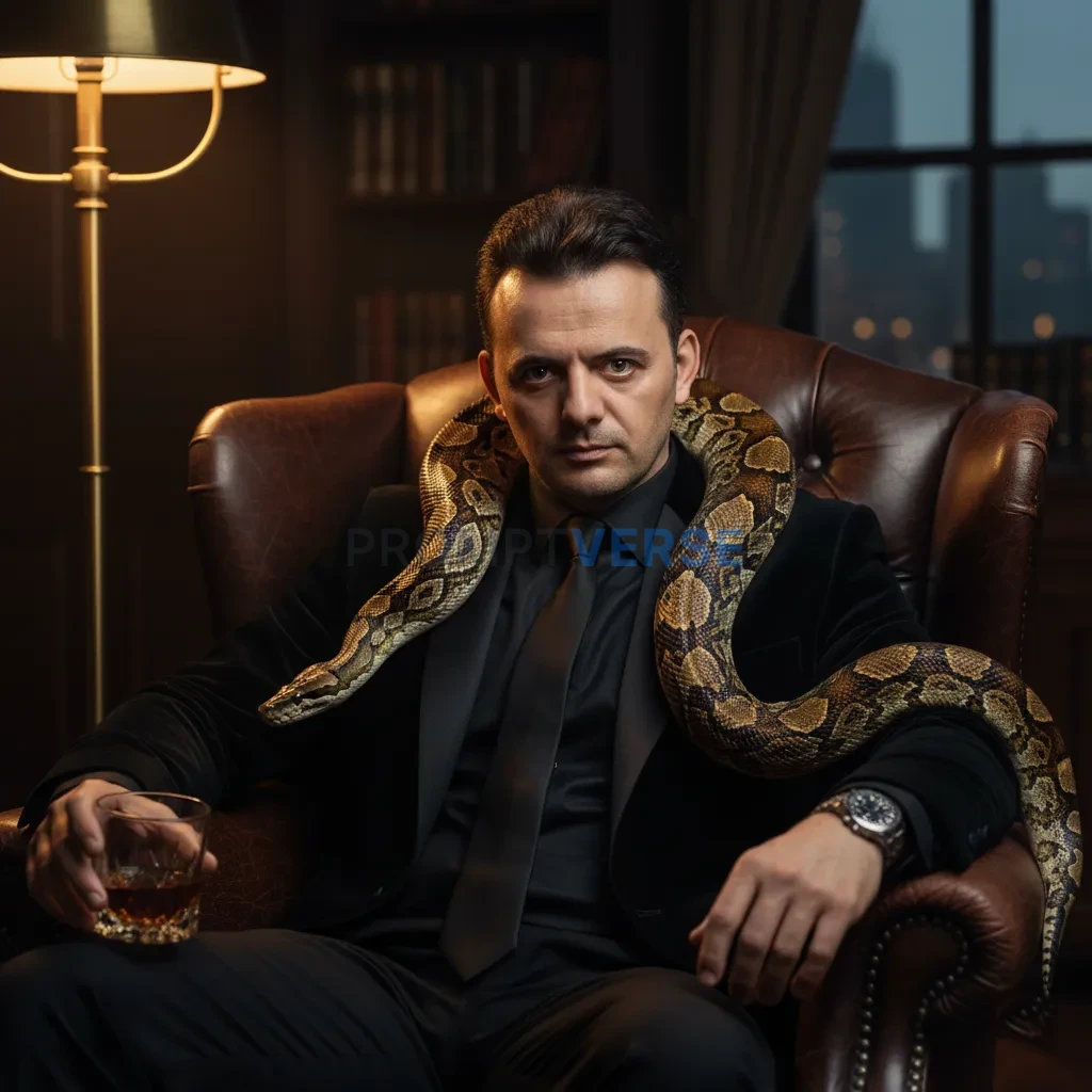 Cinematic portrait of a mafia boss in a tailored black velvet suit, seated in a leather armchair with a python draped across h - PromptVerse