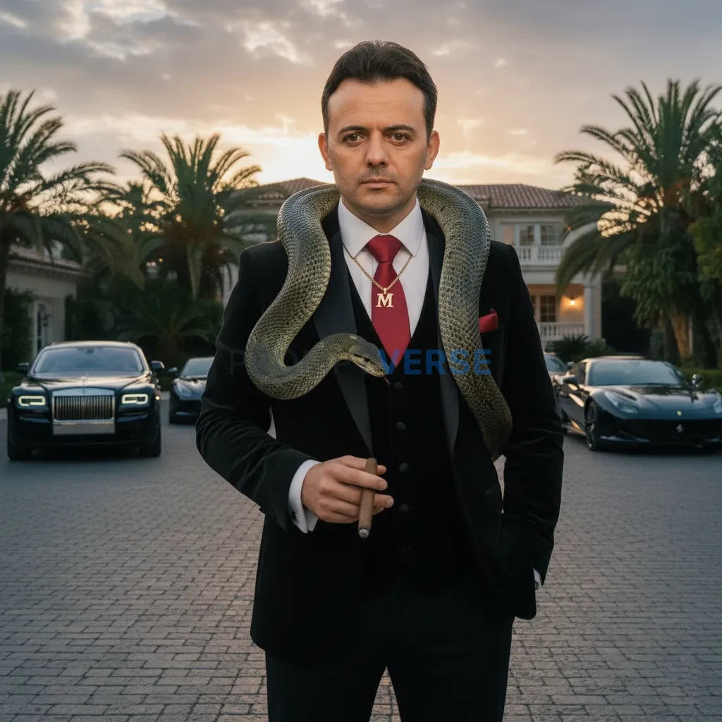 Cinematic editorial portrait, mafia boss standing in the driveway with luxury cars lined up behind him, python wrapped loosely - PromptVerse
