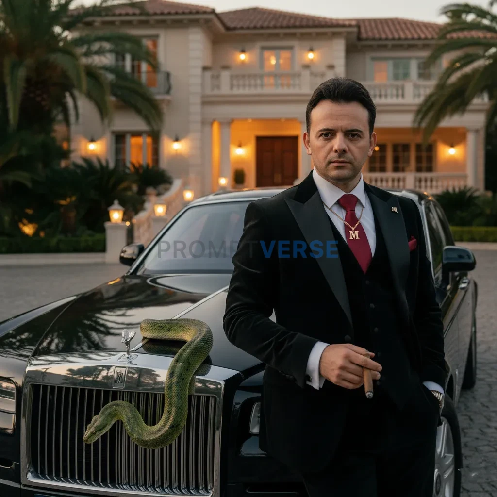 Cinematic portrait of a mafia boss in a tailored black velvet suit, leaning against a Rolls Royce Phantom parked in front of a - PromptVerse