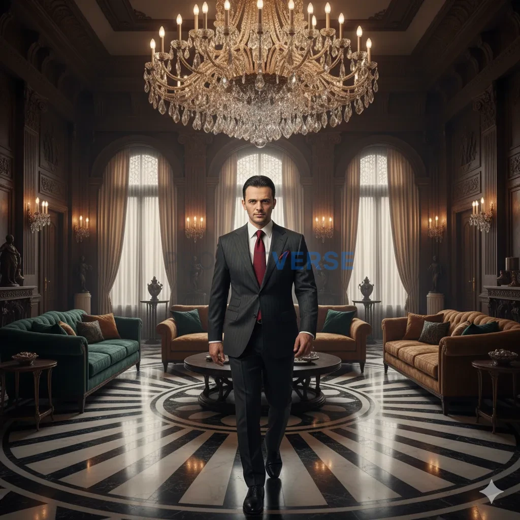 Cinematic wide shot, mafia boss with slicked-back hair entering a grand art deco living room, crystal chandelier light cascadi - PromptVerse
