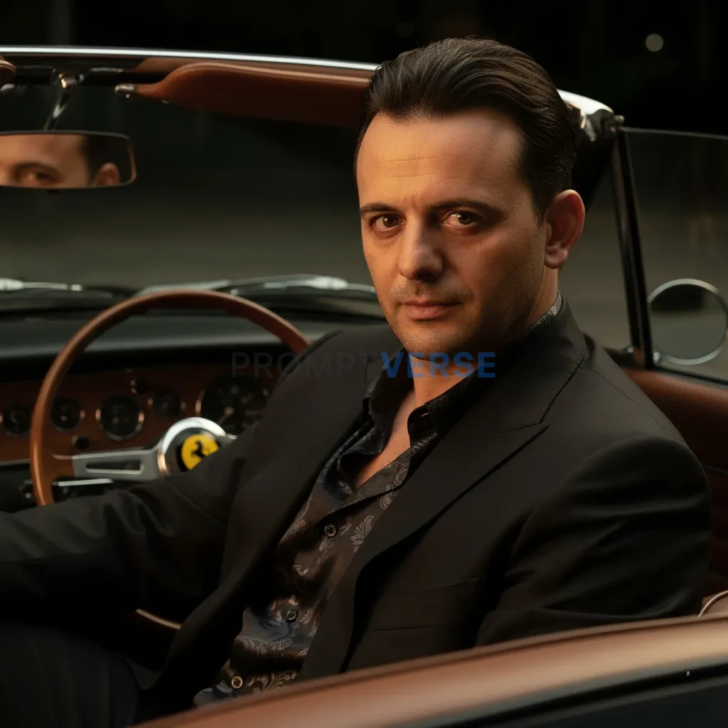 Close-up portrait, mafia boss in a silk shirt and open suit jacket, seated inside a vintage Ferrari, dashboard lights illumina - PromptVerse