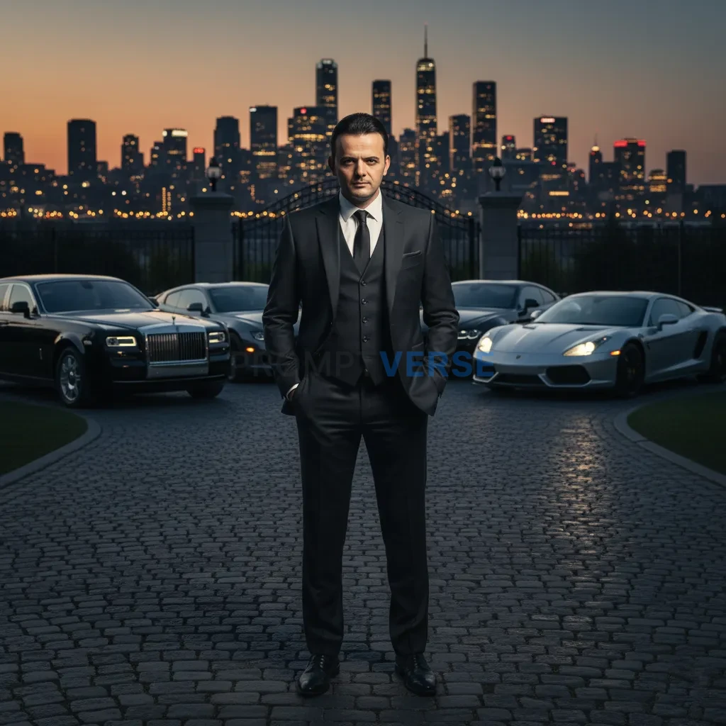 Cinematic editorial portrait, mafia boss standing confidently in the driveway with luxury cars lined up behind him, city skyli - PromptVerse