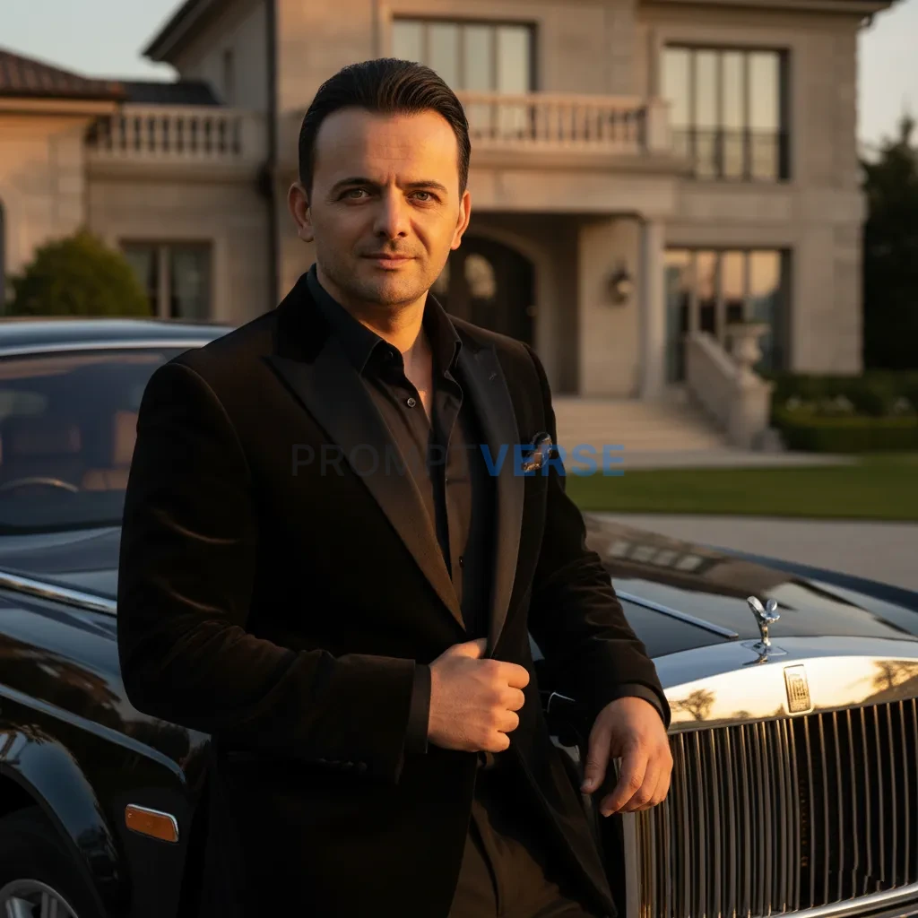 Cinematic portrait of a mafia boss in a tailored black velvet suit, leaning against a Rolls Royce Phantom parked in front of a - PromptVerse