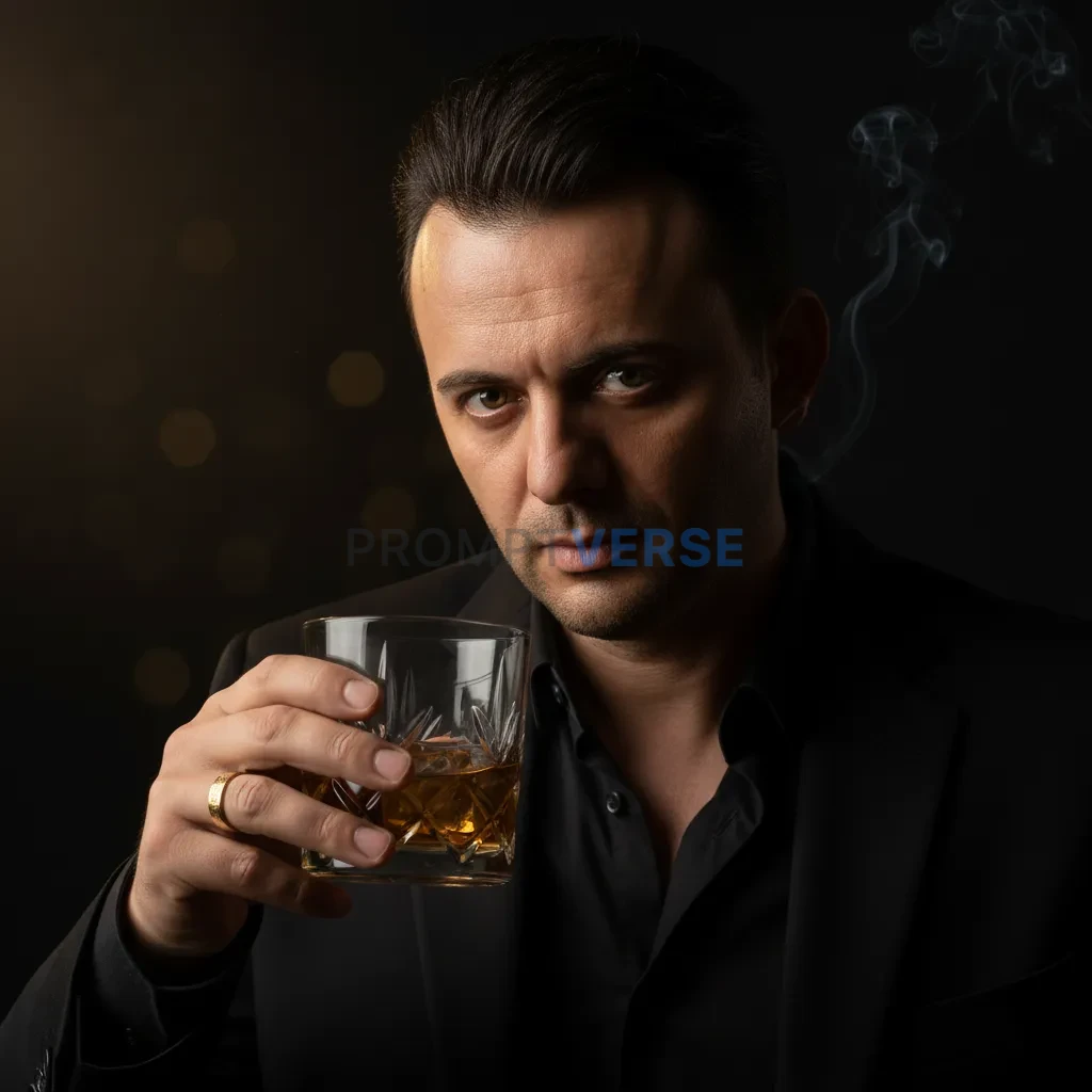 Ultra-detailed headshot, mafia boss with slicked-back hair and sharp jawline, holding a glass of whiskey, soft chiaroscuro lig - PromptVerse