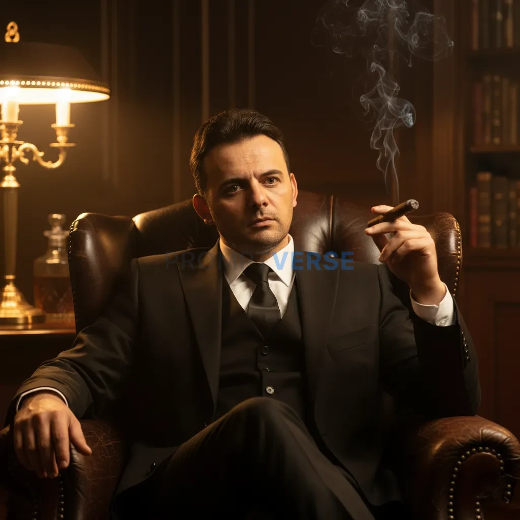 Cinematic portrait of a mafia boss in a tailored black three-piece suit, seated in a leather armchair, cigar smoke rising in t - PromptVerse