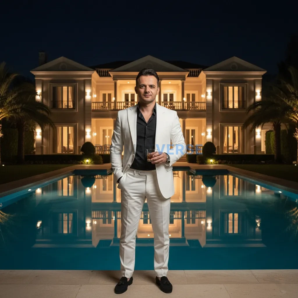Ultra-detailed portrait, mafia boss in a white linen suit standing poolside at night, luxury mansion glowing behind him, cinem - PromptVerse