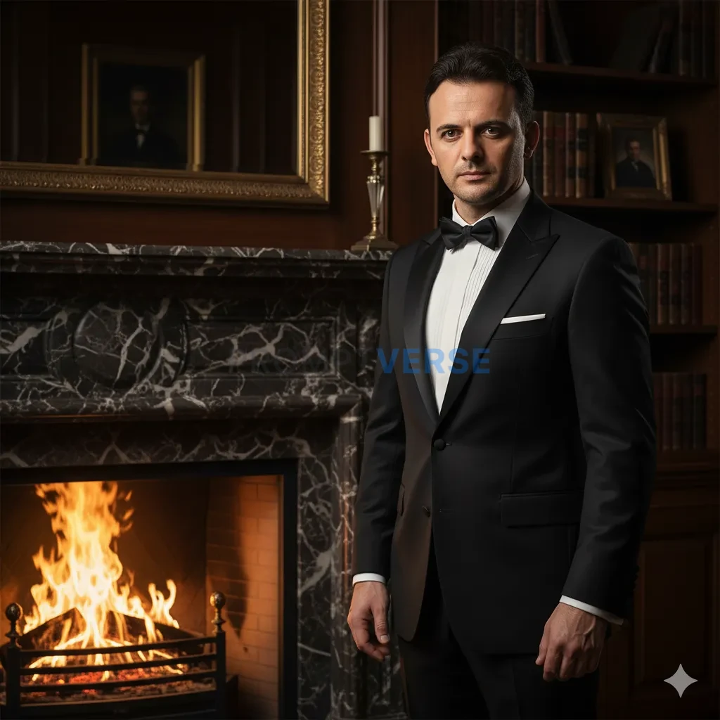 Cinematic editorial portrait, mafia boss in a tuxedo standing by a marble fireplace, golden reflections from firelight illumin - PromptVerse