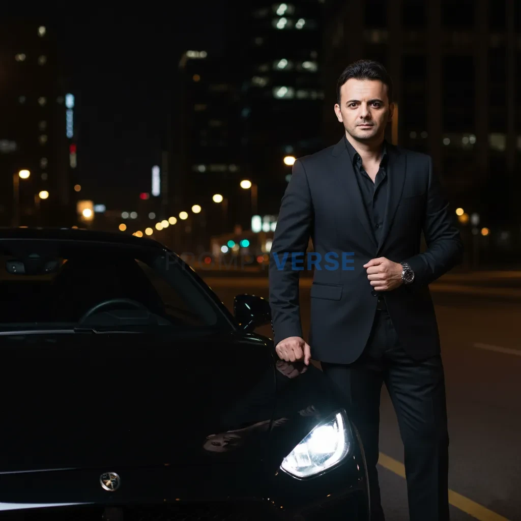 Confident man standing near luxury car headlights at night, cinematic reflection. - PromptVerse