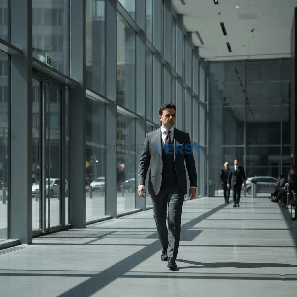 Elegant man walking through a modern glass building, professional posture, cinematic perspective. - PromptVerse