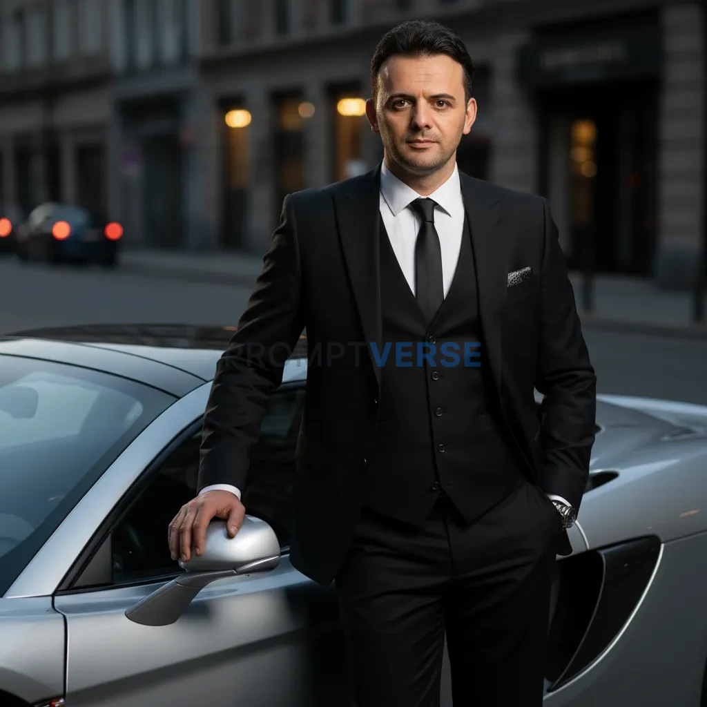 A confident man in a tailored black suit standing beside a luxury car, cinematic lighting, ultra-realistic portrait. - PromptVerse