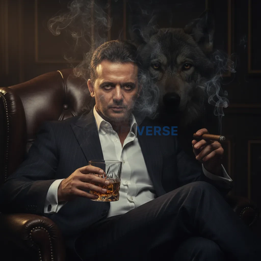 Cinematic close-up, mafia boss with whiskey glass in hand, wolf pressed against his side, smoke from cigar curling around them - PromptVerse