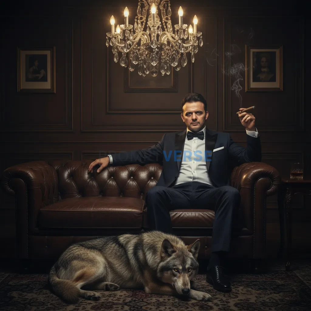 Ultra-detailed portrait, mafia boss in tuxedo with slicked hair holding a cigar, wolf resting at his feet, dim chandelier glow - PromptVerse