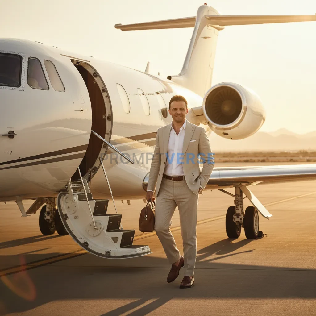 Cinematic portrait of a man stepping out of a private jet in a tailored linen suit, golden hour sunlight reflecting off the ai - PromptVerse