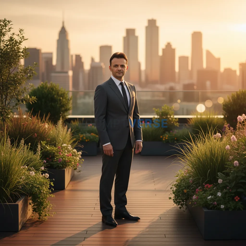 Golden hour cinematic portrait, man in tailored suit standing on a rooftop garden, sunlight hitting his face at a perfect angl - PromptVerse