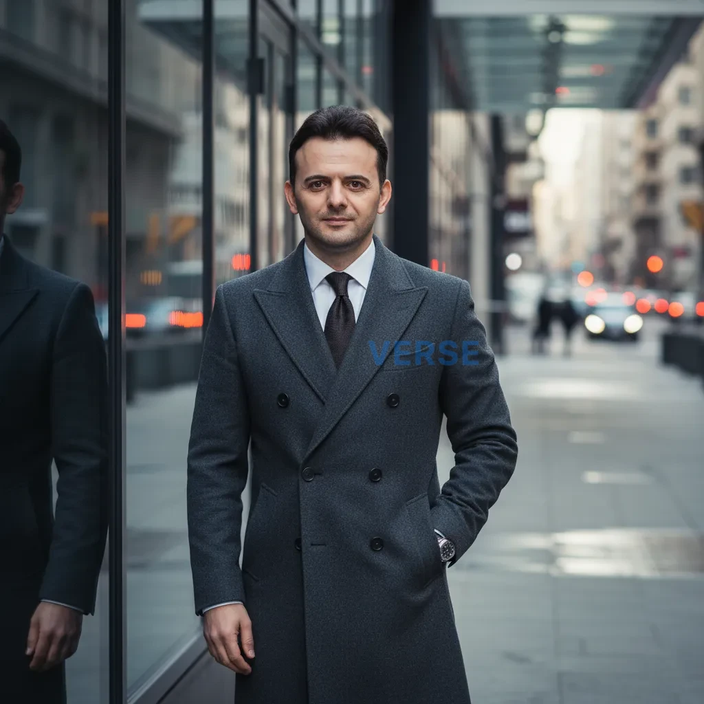 Confident man in double-breasted coat standing beside a modern building, cinematic look. - PromptVerse