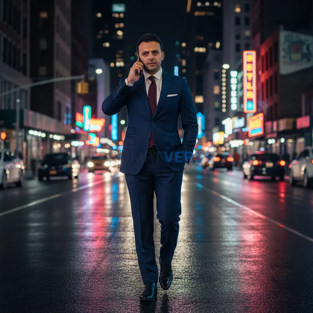 Stylish businessman talking on phone while walking, street reflections, urban mood. - PromptVerse