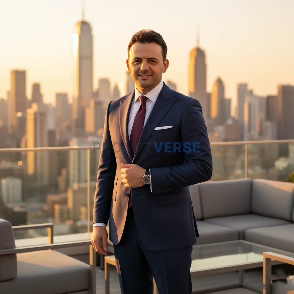 Fashion influencer posing in an elegant suit on city rooftop, golden hour. - PromptVerse