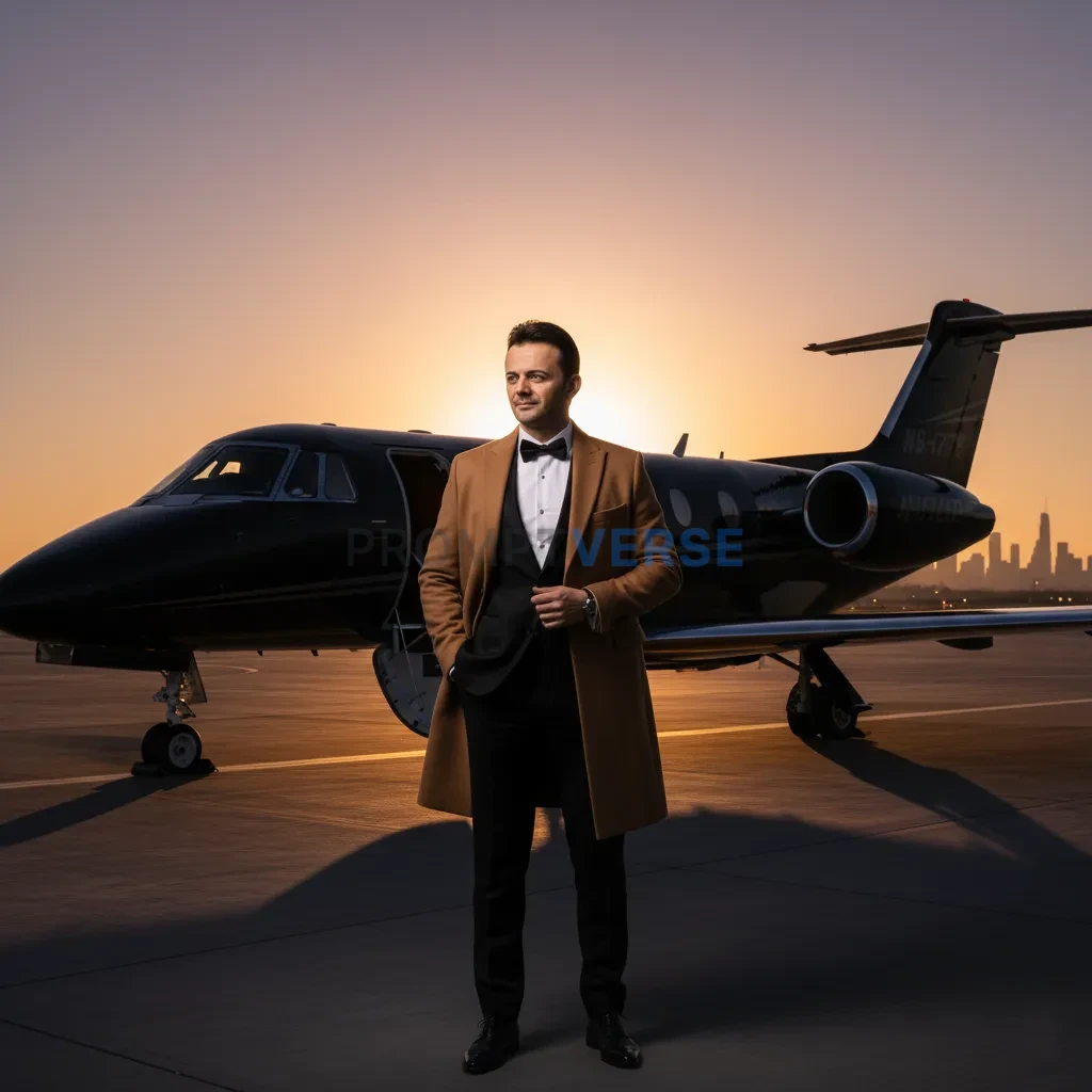 High-quality portrait of a man in camel coat layered over tuxedo, standing confidently in front of a private jet, golden hour  - PromptVerse