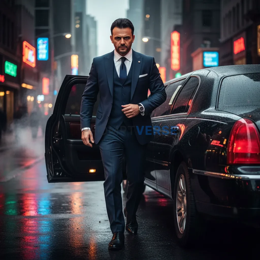 Editorial portrait, man in sharp navy suit stepping out of a black limousine, reflections of neon city lights bouncing on wet  - PromptVerse