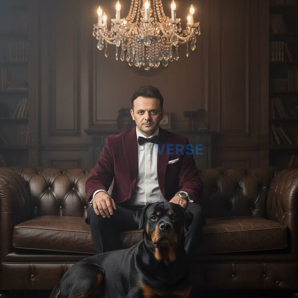 Ultra-detailed portrait, mafia-inspired man in velvet suit jacket seated on a leather sofa, Rottweiler resting at his feet, ch - PromptVerse