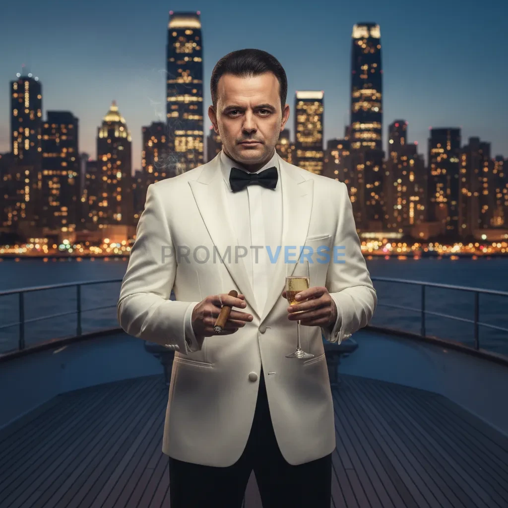 Cinematic portrait of a man in a white dinner jacket standing on a yacht deck at dusk, cigar in one hand, champagne glass in t - PromptVerse