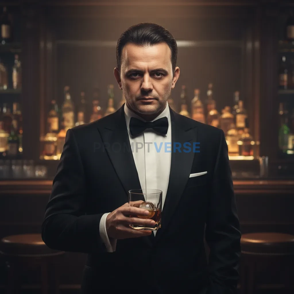 High-quality editorial portrait, mafia don in a tuxedo jacket, glass of whiskey in hand, background blurred into moody bar atm - PromptVerse