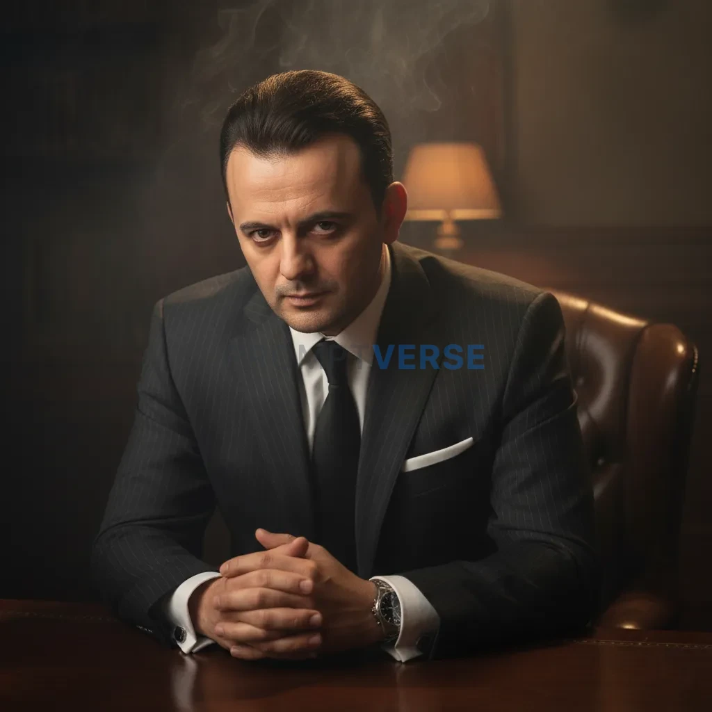Ultra-detailed cinematic portrait, man in tailored dark suit with pocket square, leaning forward with hands clasped, smoke dri - PromptVerse
