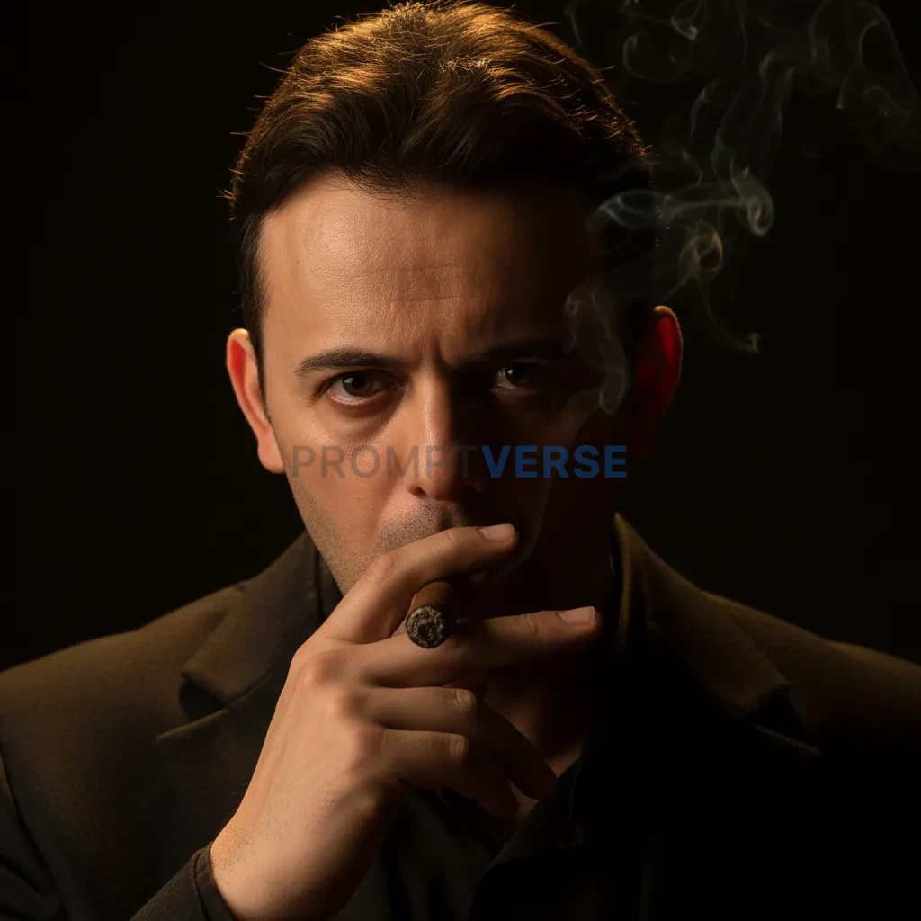 Close-up headshot, mafia boss with cigar clenched between his fingers, low warm side light creating dramatic shadow across his - PromptVerse