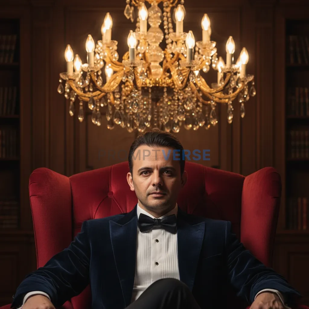Cinematic portrait, mafia-style man in a velvet blazer and slicked-back hair, red velvet armchair, golden chandelier glowing a - PromptVerse