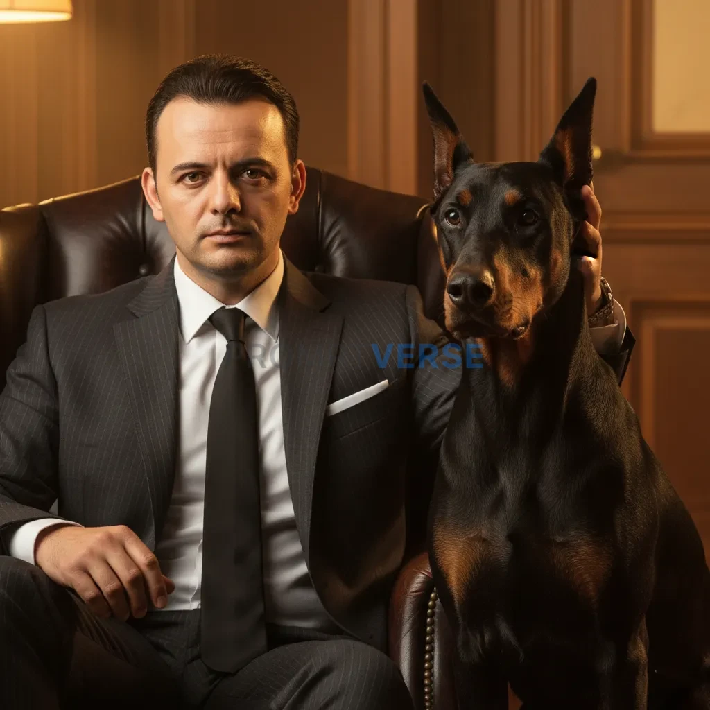Cinematic close-up, mafia boss in a pinstripe suit petting a Doberman at his side, warm golden tones enhancing authority. - PromptVerse