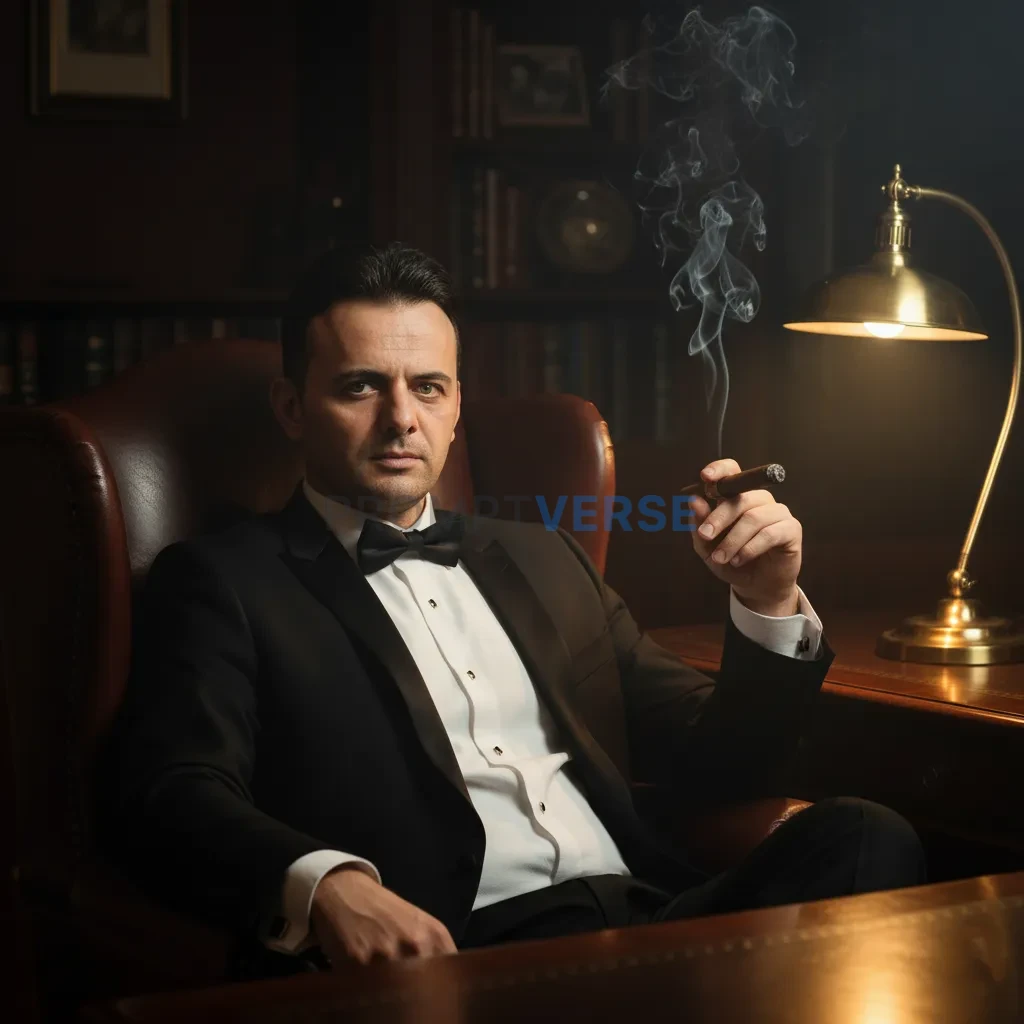 Ultra-detailed portrait, man in a tailored black tuxedo leaning back in a heavy leather chair, puff of smoke rising slowly, go - PromptVerse