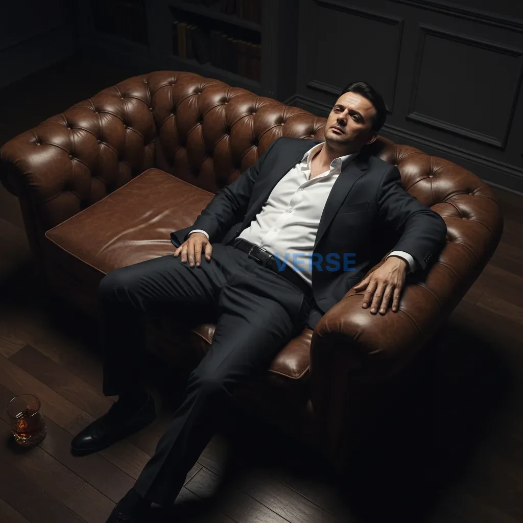 A cinematic overhead shot of a man in a perfectly fitted suit lying back on a vintage leather sofa, glass of whiskey on the fl - PromptVerse
