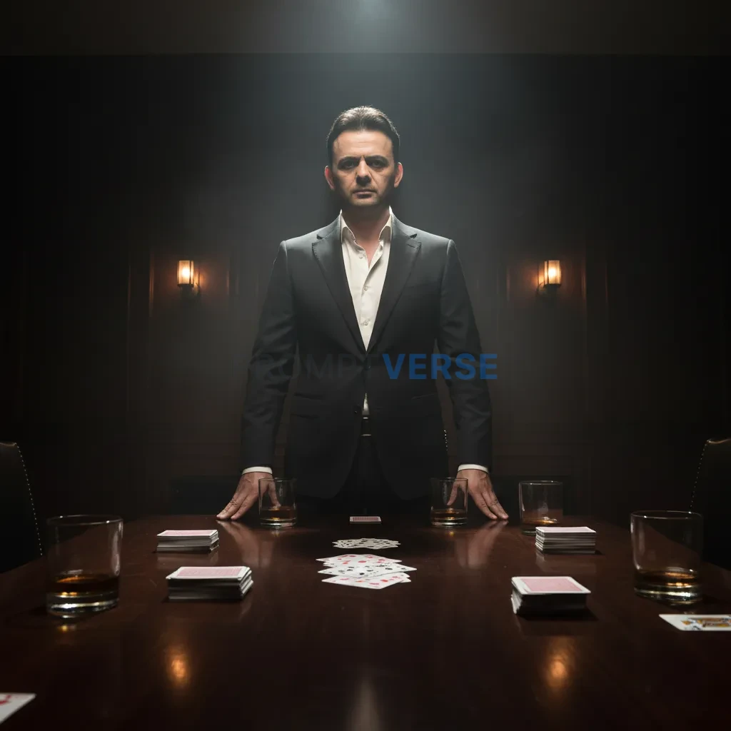 Low-angle shot of a man in a dark tailored suit, standing at the head of a long wooden table in a dim room, scattered whiskey  - PromptVerse