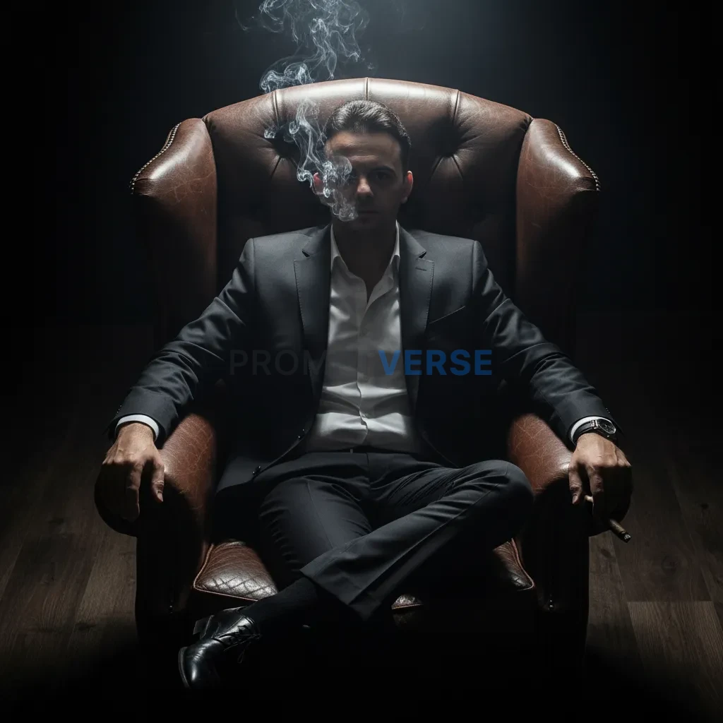 Overhead shot of a stylish figure in a fitted dark suit without tie, seated in a leather armchair, single spotlight from above - PromptVerse