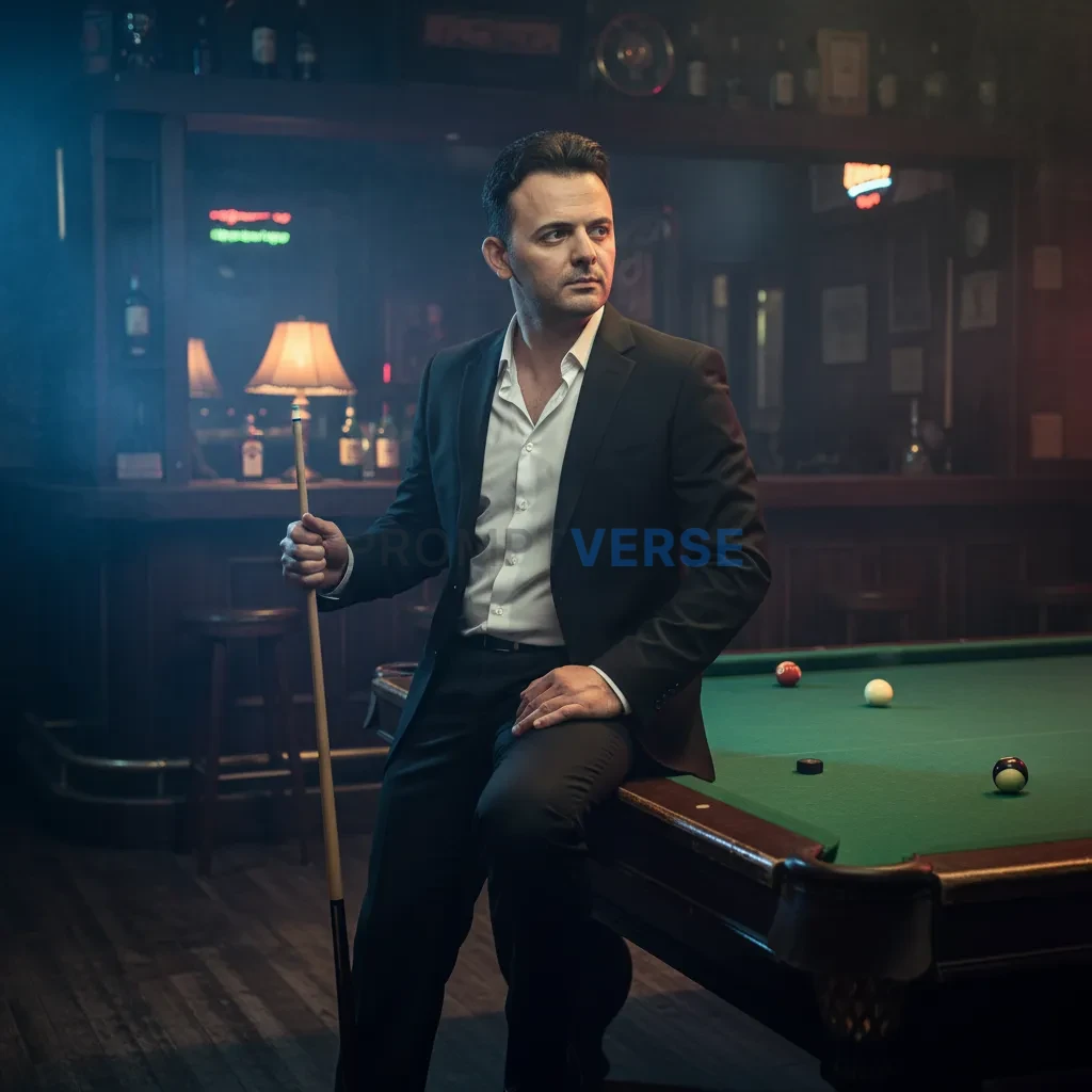 A cinematic side-angle shot of a man in a sharp black suit, no tie, sitting on the edge of a billiards table in a dimly lit sm - PromptVerse