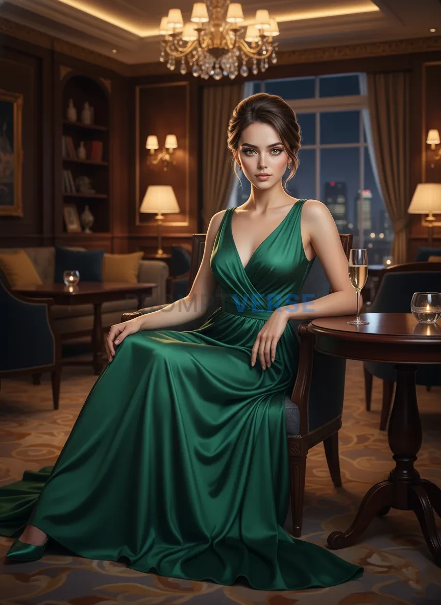 Luxury portrait of a woman in a silky gown sitting in a five-star hotel lounge, warm tones, realistic detail. - PromptVerse