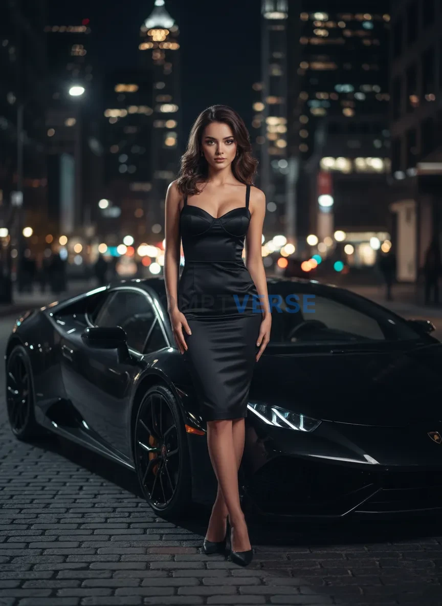 Glamorous woman in a black cocktail dress, posing near a luxury car, cinematic night photography. - PromptVerse