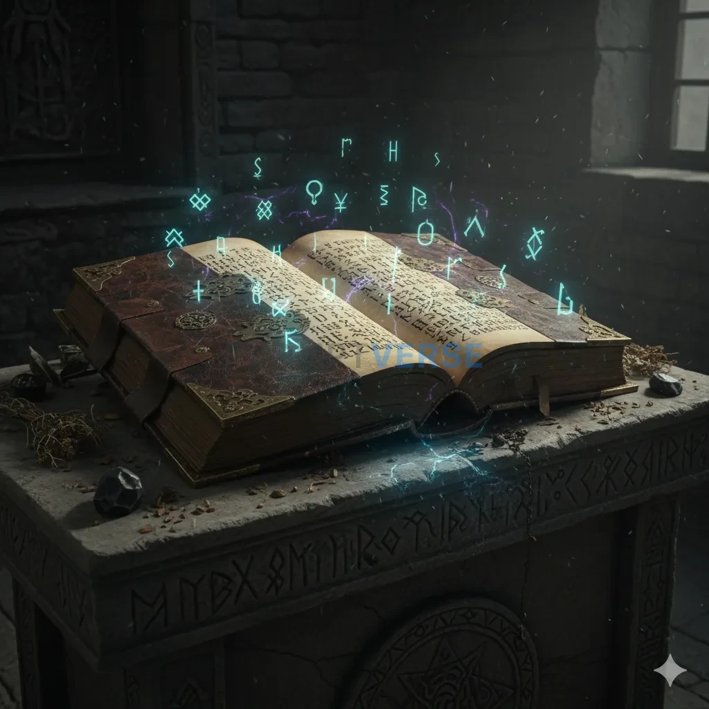 An ancient, leather-bound spellbook, lying open on a stone altar, its pages filled with glowing, arcane symbols and forbidden  - PromptVerse