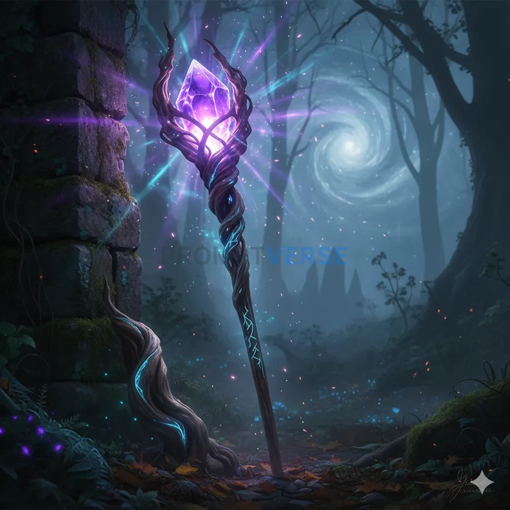 A powerful wizard's staff, crafted from a twisted, gnarled oak branch, with a large, pulsating crystal at its tip. - PromptVerse