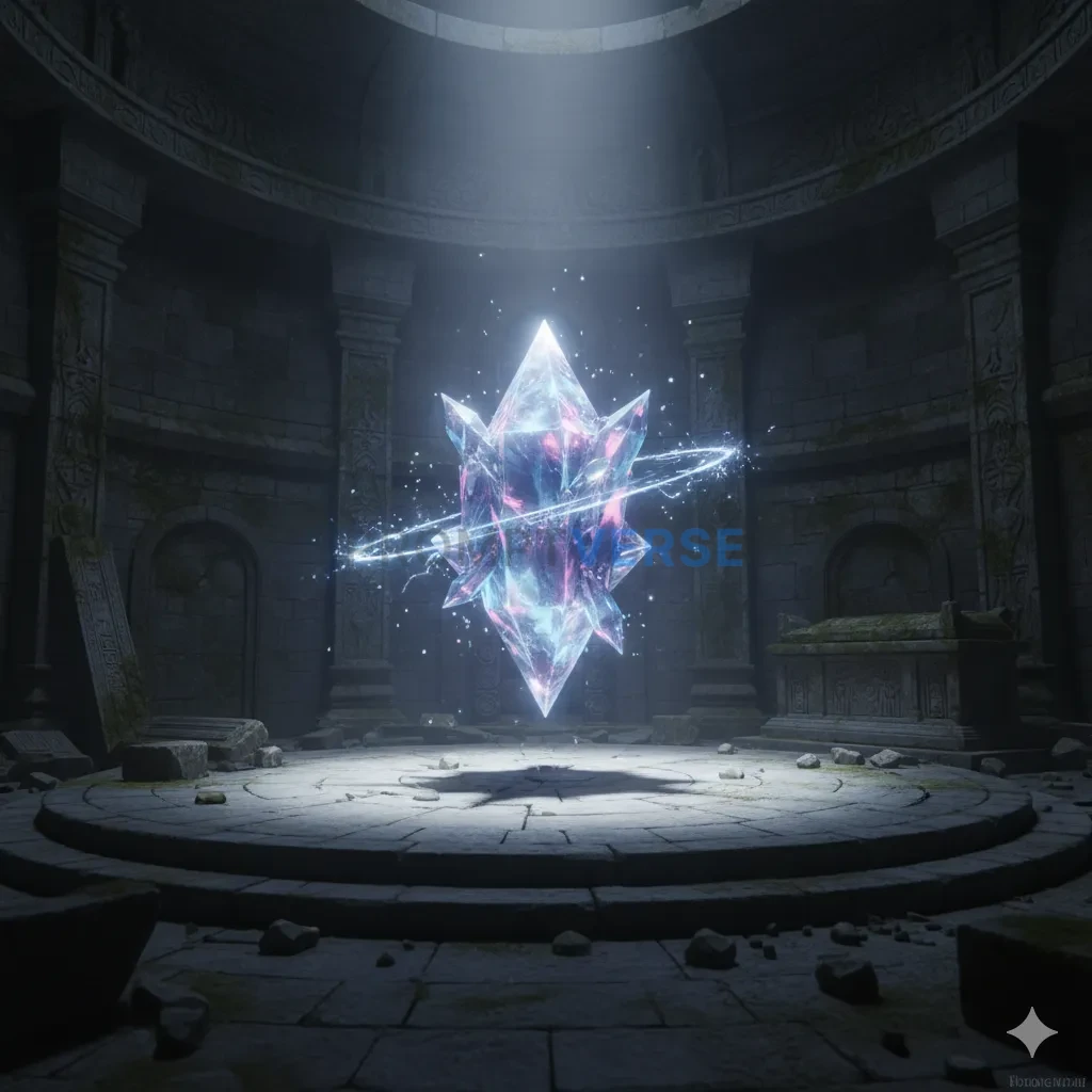 A mysterious, floating crystal shard, humming with an unknown energy, hovering in the center of a dark, forgotten chamber. - PromptVerse