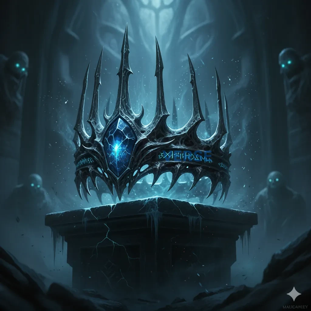 The Crown of a Lich King, a twisted, jagged piece of dark metal and bone that radiates an aura of immense, cold power. - PromptVerse