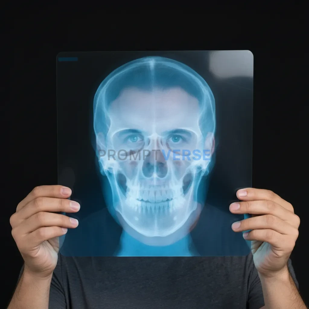 A portrait where the man is holding a large x-ray of a skull over his own face.  - PromptVerse