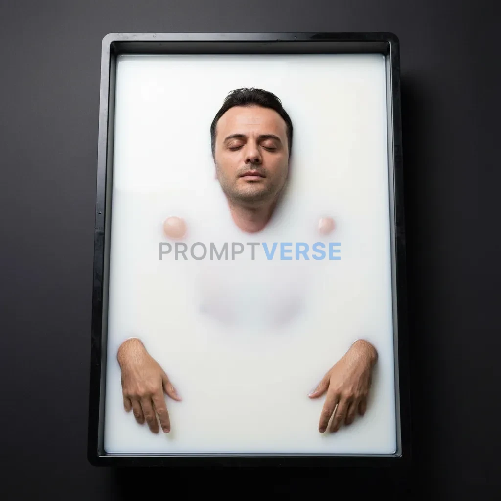 A shot of a man lying in a shallow, dark tray filled with opaque white liquid (like milk or paint), with only parts of his fac - PromptVerse