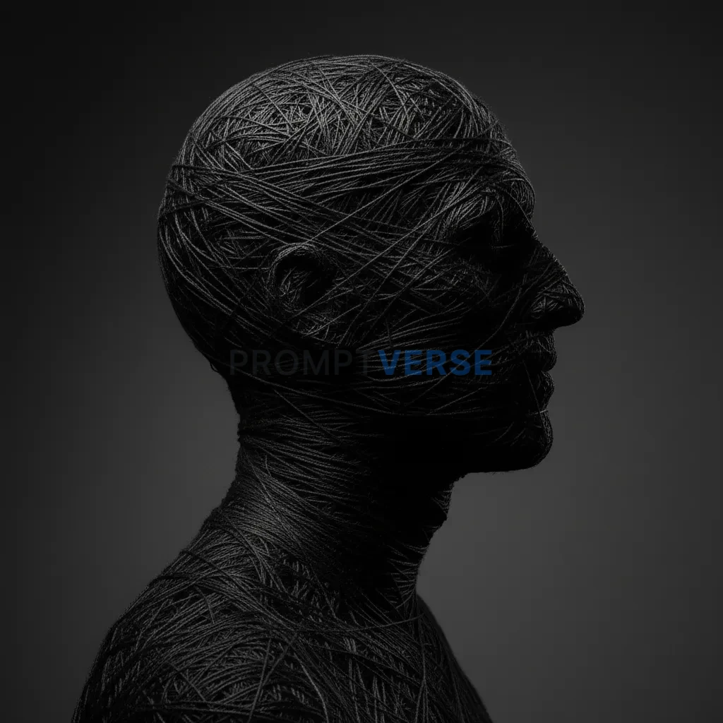 A portrait of a man's profile, but his entire head and neck are meticulously wrapped in a single, continuous strand of thick,  - PromptVerse