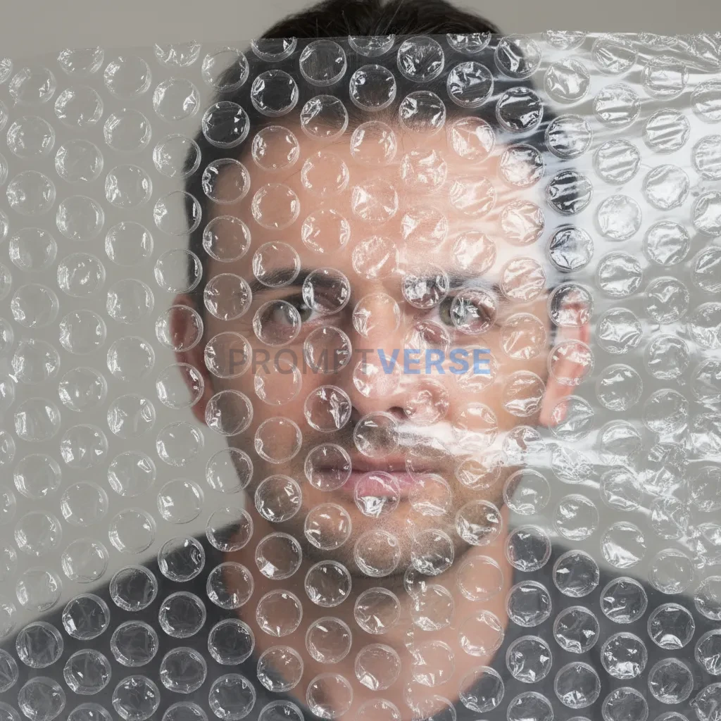 A portrait of a man looking through a sheet of bubble wrap, his features fragmented into a grid of beautiful, convex distortio - PromptVerse